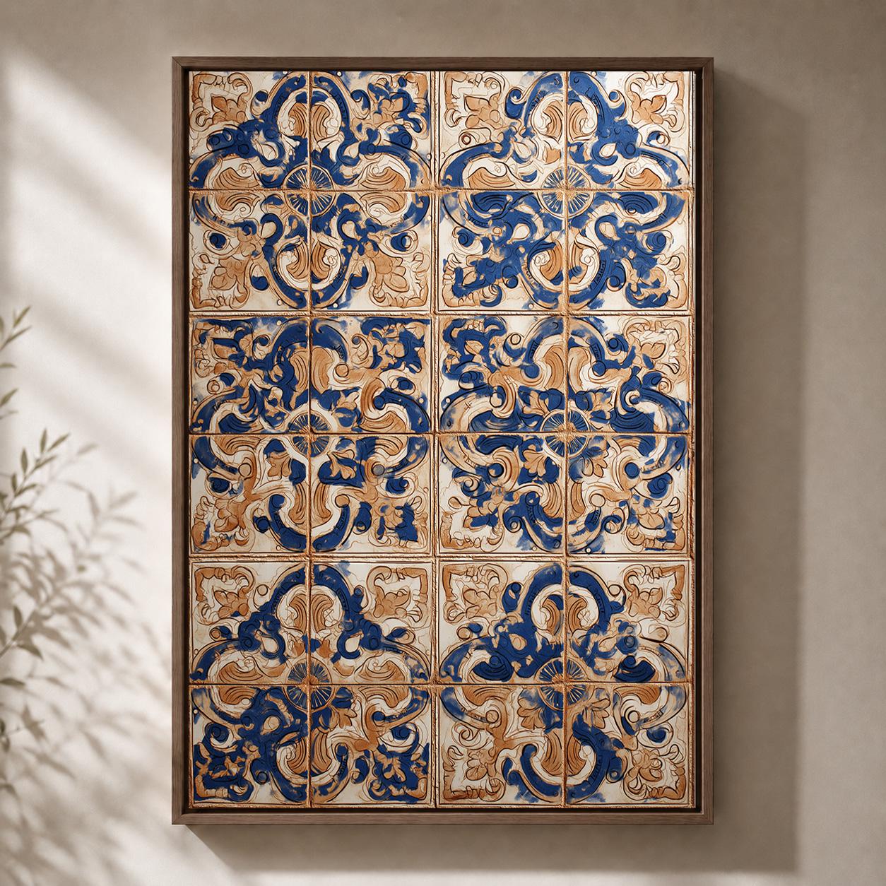 Portuguese TileBlue Azulejo Mediterranean Tile Vintage Pattern Framed Canvas