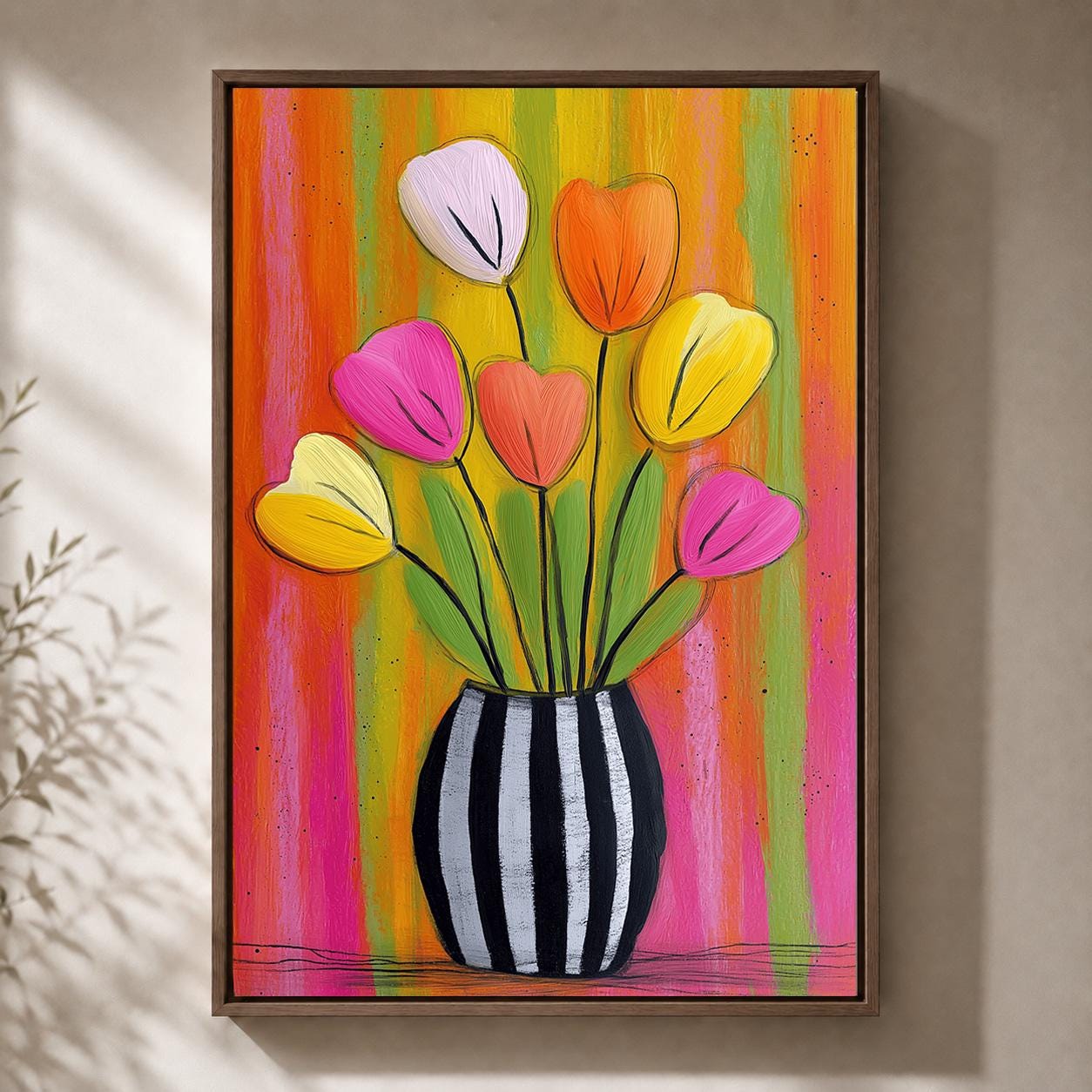 Colourful Tulip Pink & Orange Floral Striped Flower Vase Framed Canvas