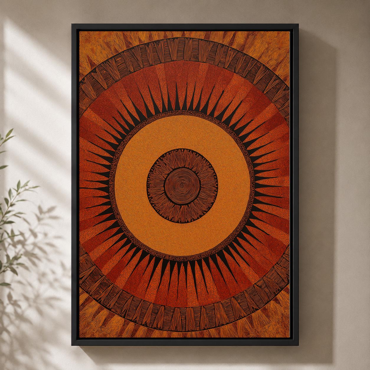 African Sun Geometric Terracotta Tribal Boho Ethnic Framed Canvas