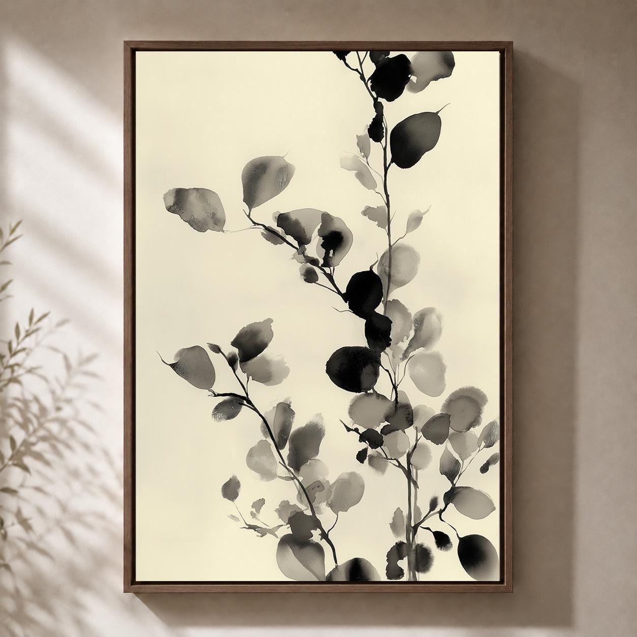 Black and White Botanical Watercolour Leaf Minimalist Nature Framed Canvas