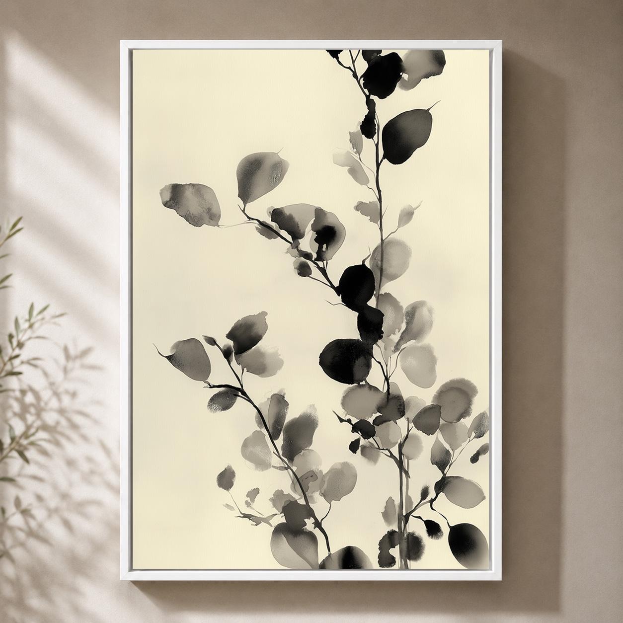 Black and White Botanical Watercolour Leaf Minimalist Nature Framed Canvas