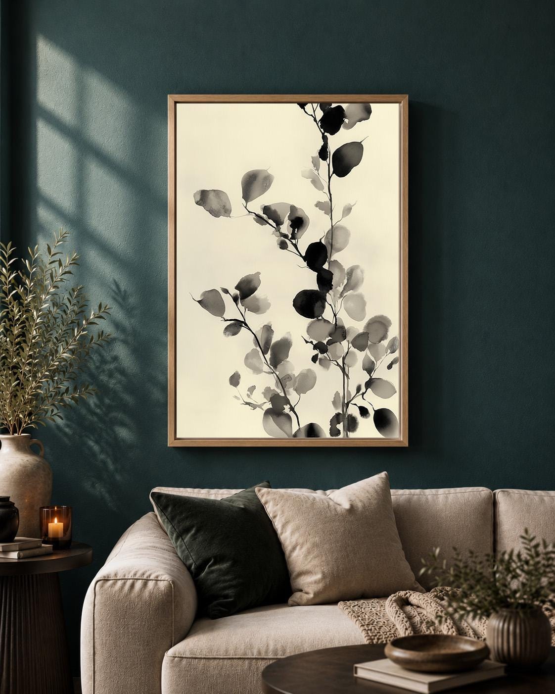Black and White Botanical Watercolour Leaf Minimalist Nature Framed Canvas
