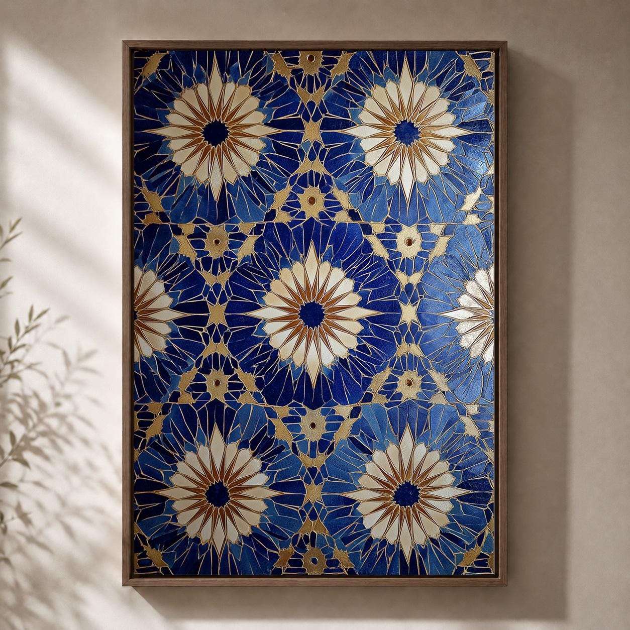 Blue Gold Mosaic Tile Geometric Mediterranean Pattern Framed Canvas