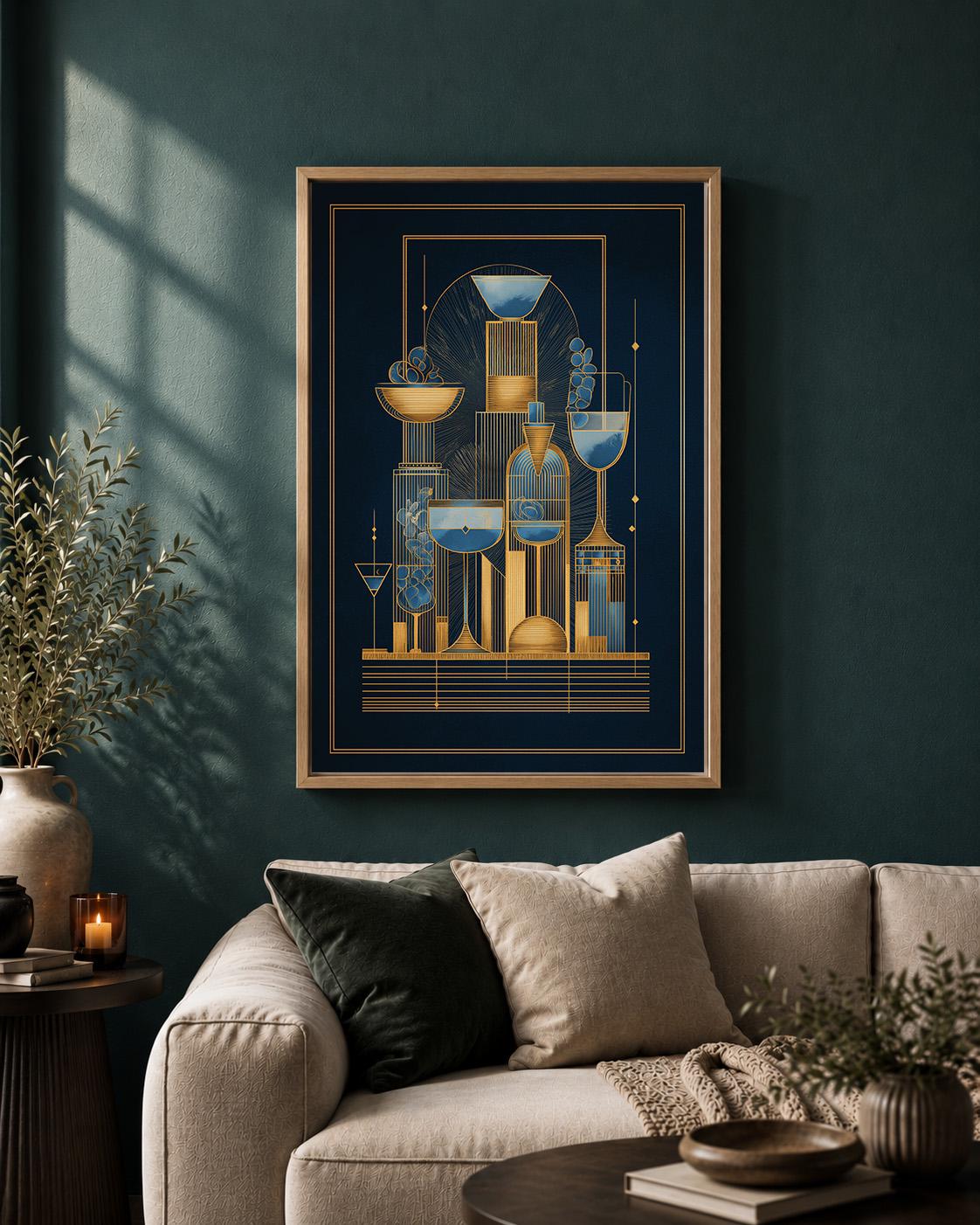 Art Deco Cocktail Navy Blue & Gold Bar Geometric Drinks Framed Canvas