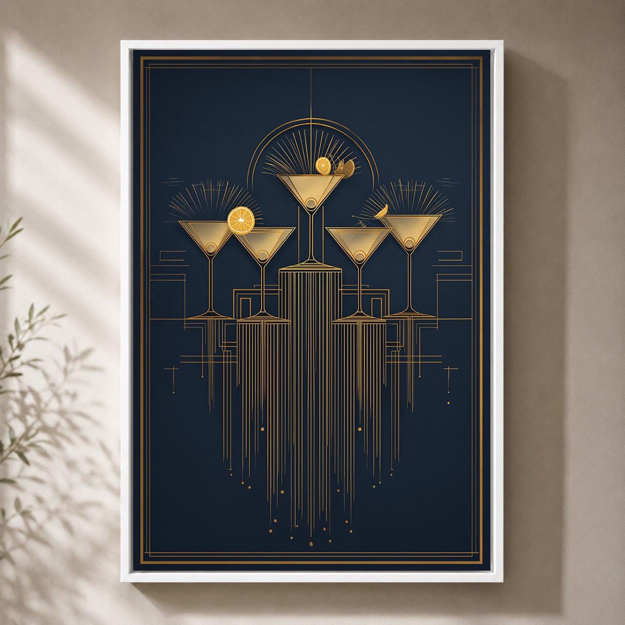 Art Deco Cocktail Navy Blue & Gold Martini Gatsby Style Framed Canvas