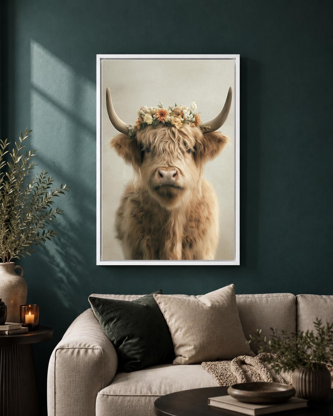 Floral Highland Cow Rustic Farmhouse Neutral Animal Framed Canvas