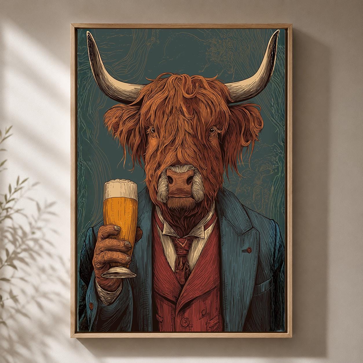 Highland Cow Drinking Beer Rustic Pub Quirky Animal Framed Canvas