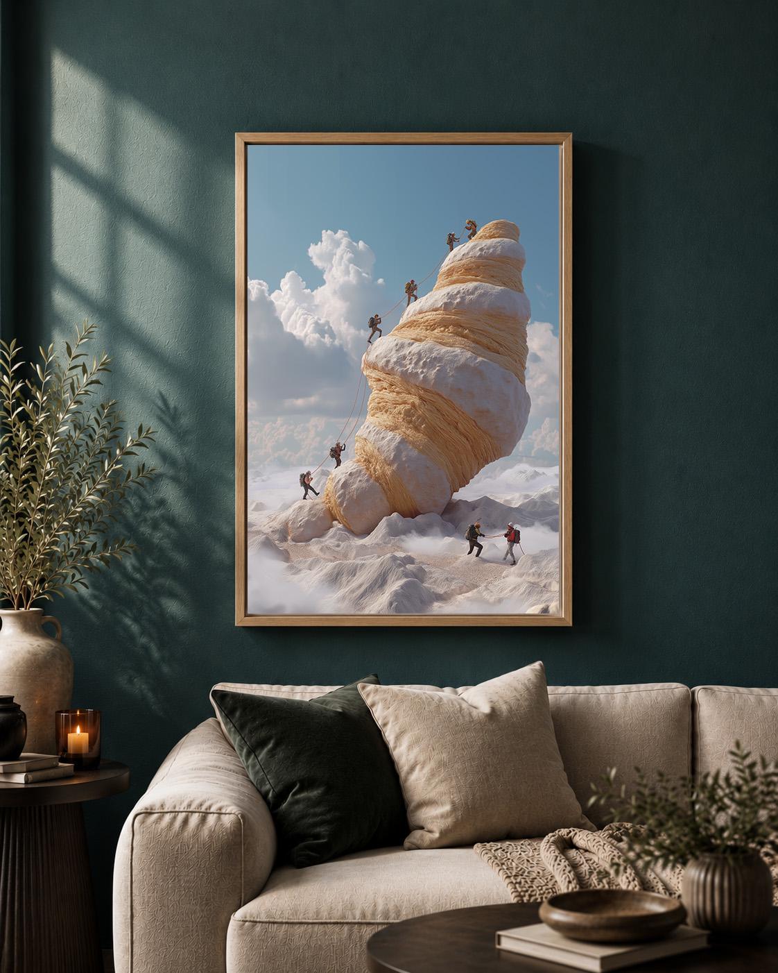 Croissant Mountain Surreal Food Funny Climbing Quirky Kitchen Framed Canvas