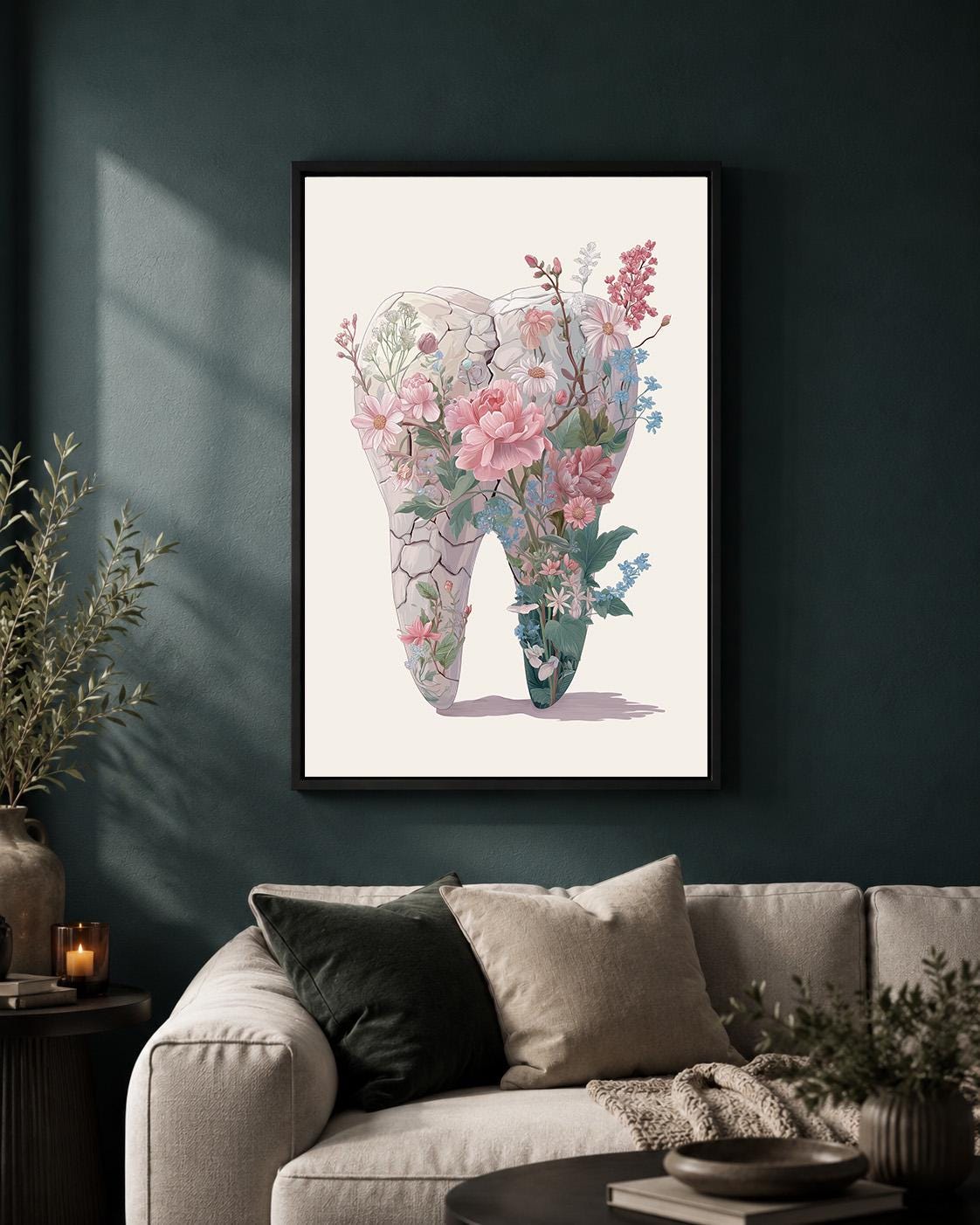 Floral Tooth Pink Botanical Dental Office Framed Canvas