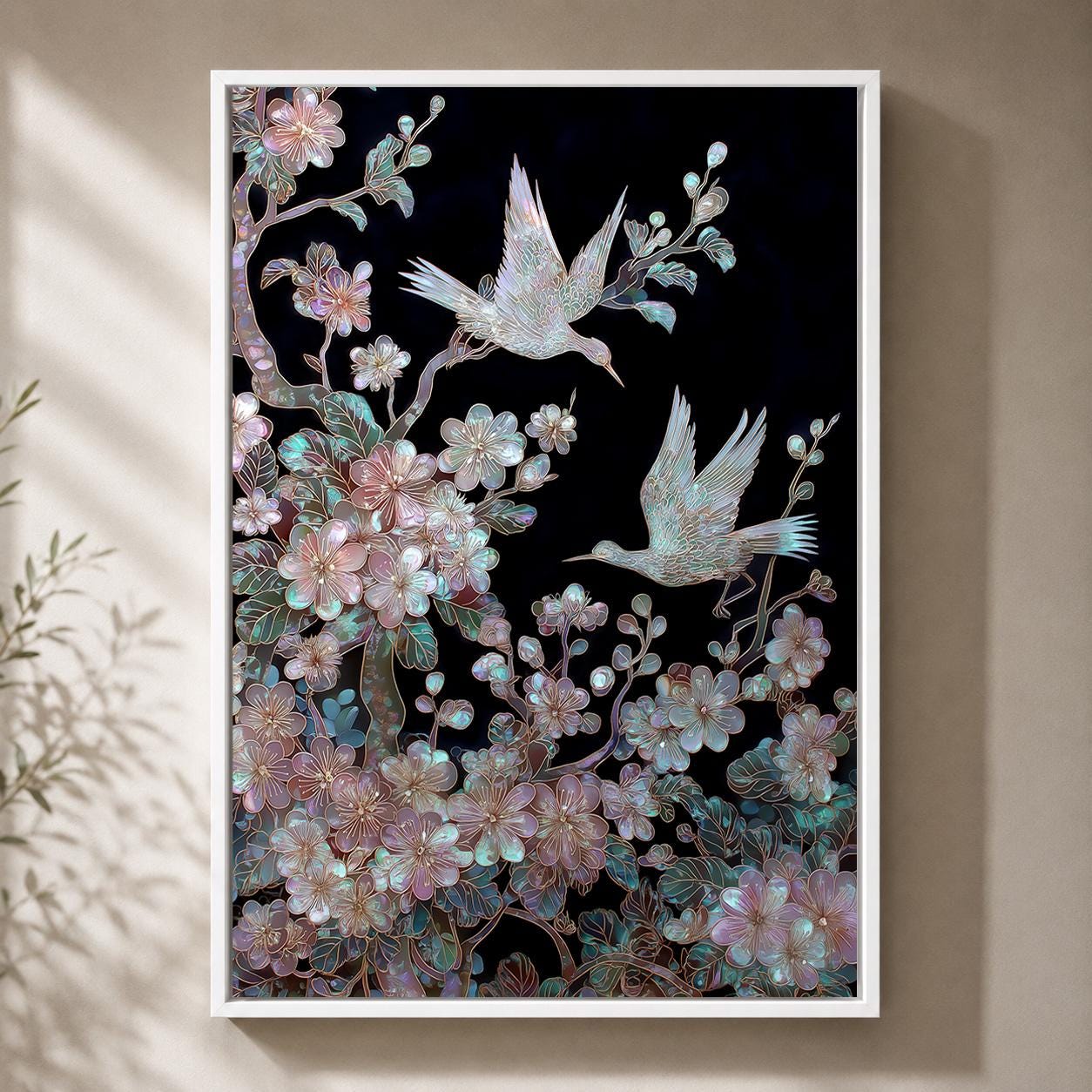 Japanese Crane Blossom Bird Iridescent Floral Oriental Inspired Framed Canvas