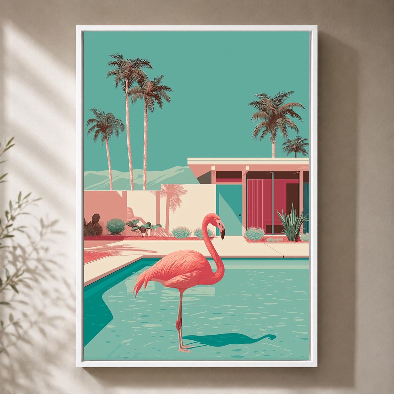 Mid Century Modern Flamingo Pool Retro Tropical Wall Framed Canvas