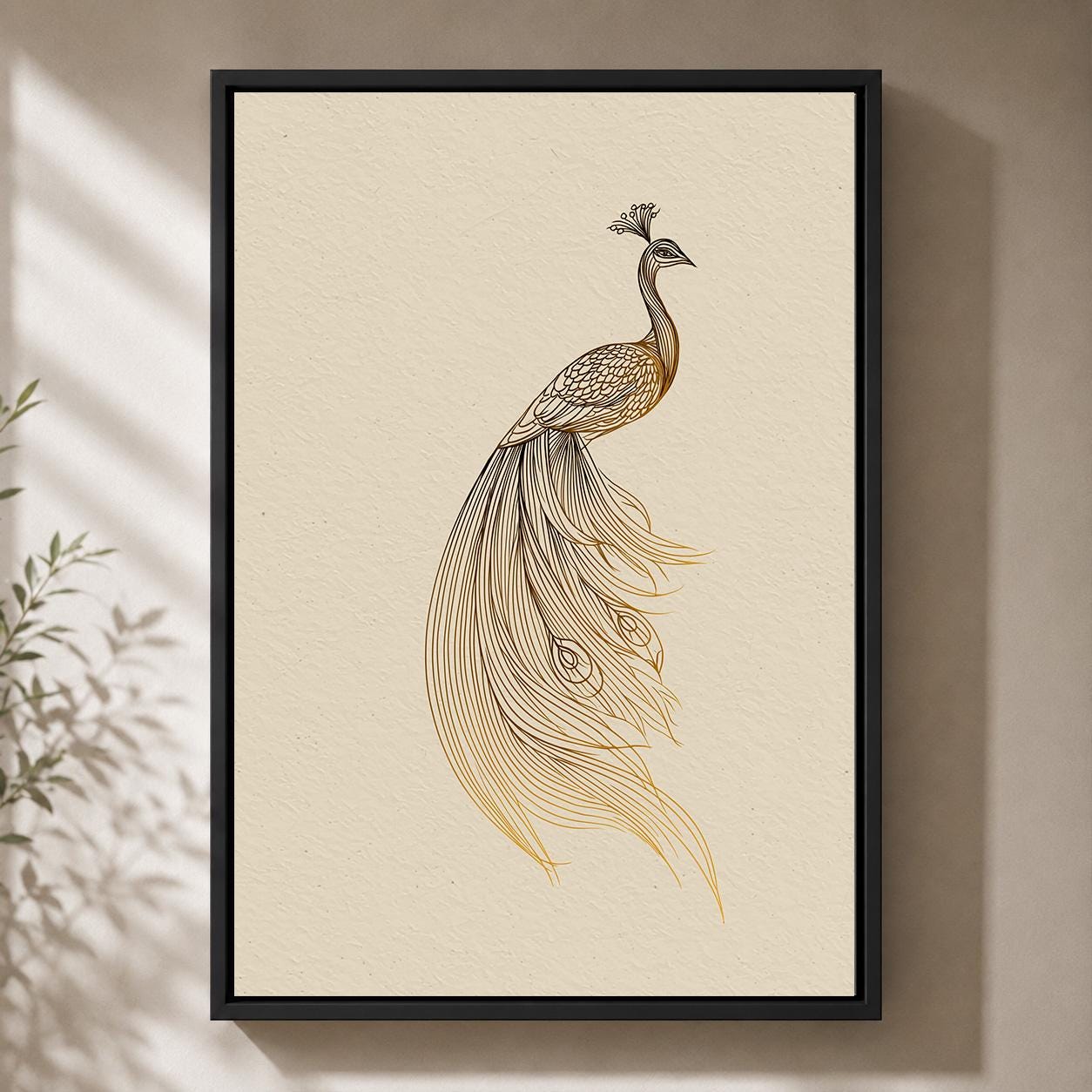 Gold Peacock Line ArtMinimalist Bird Art Deco Framed Canvas