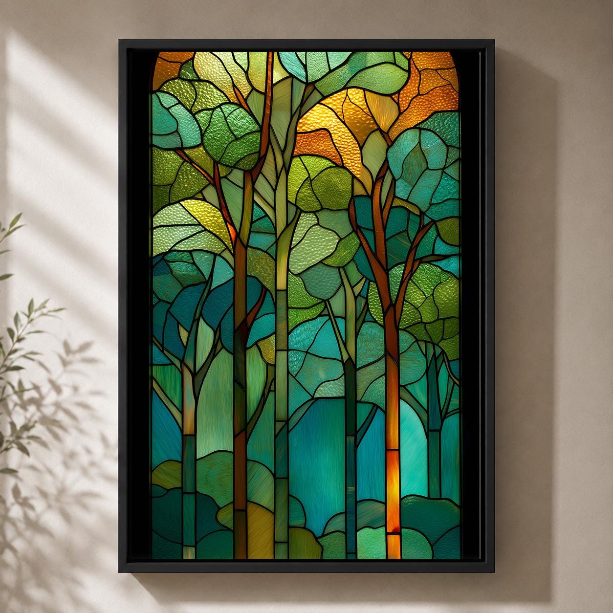 Stained Glass Effect Forest Art Nouveau Woodland Green Tree Framed Canvas