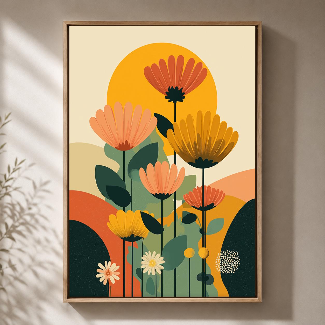 Mid Century Modern Floral Retro Scandinavian Flower Framed Canvas