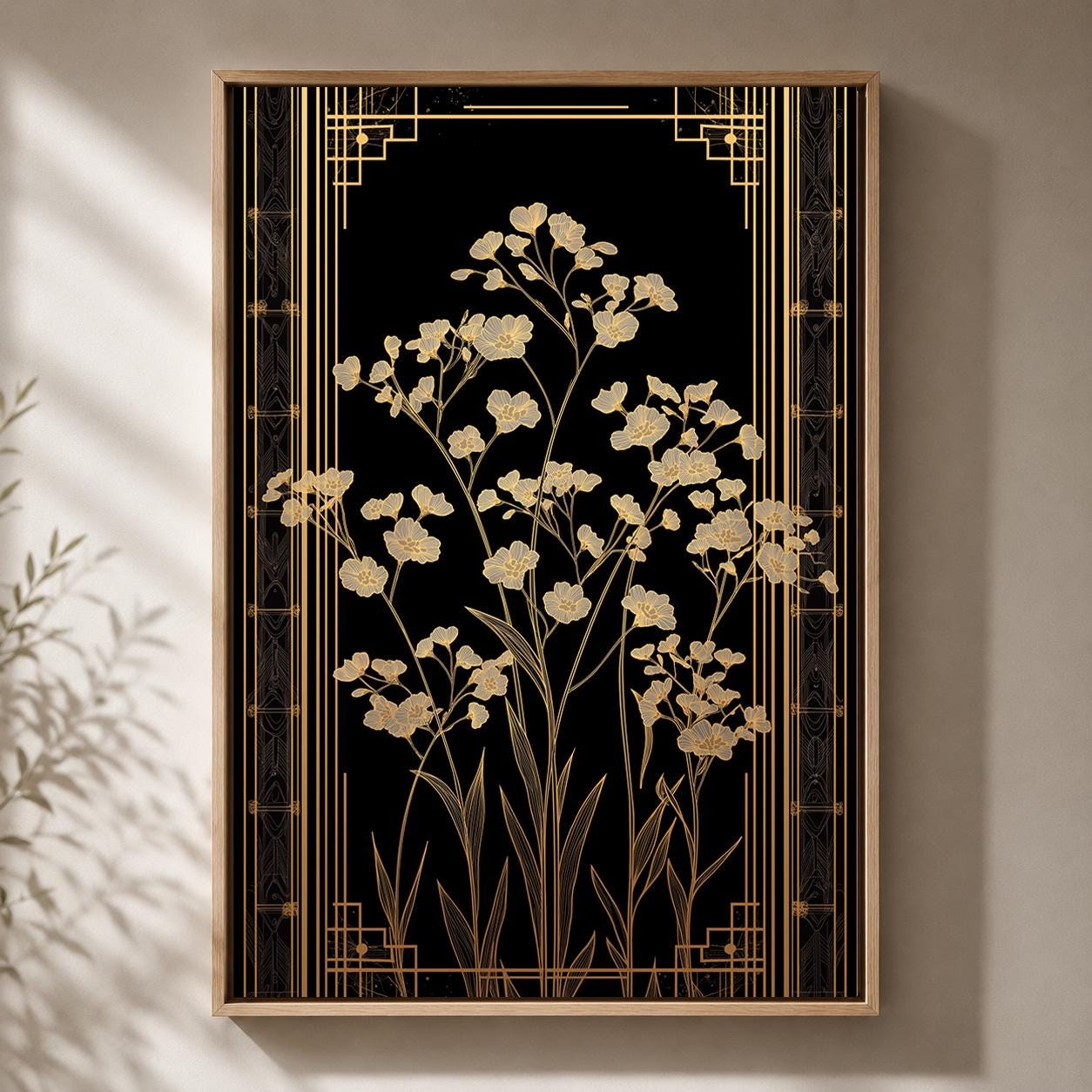 Art Deco Wildflower Black and Gold Floral Elegant Botanical Framed Canvas