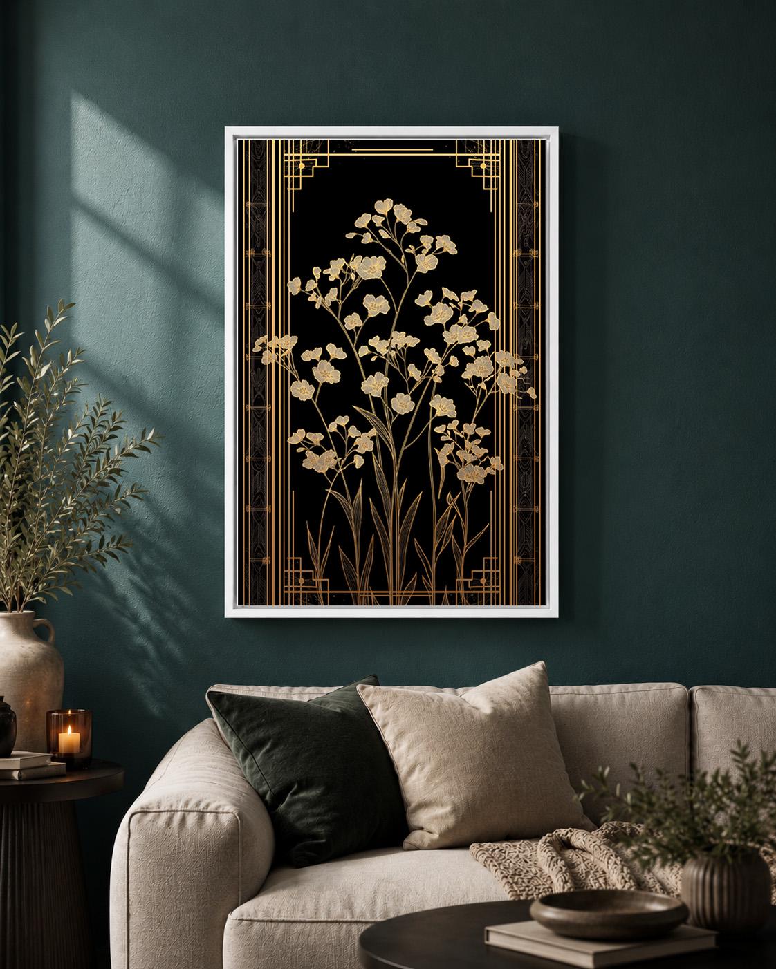 Art Deco Wildflower Black and Gold Floral Elegant Botanical Framed Canvas