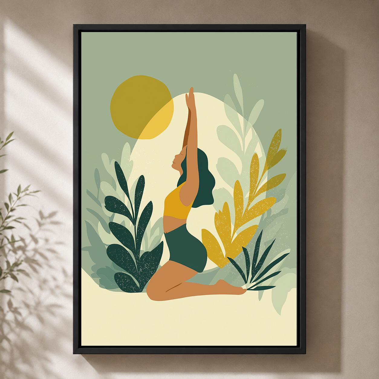 Botanical Yoga Woman Green & Mustard Meditation Framed Canvas