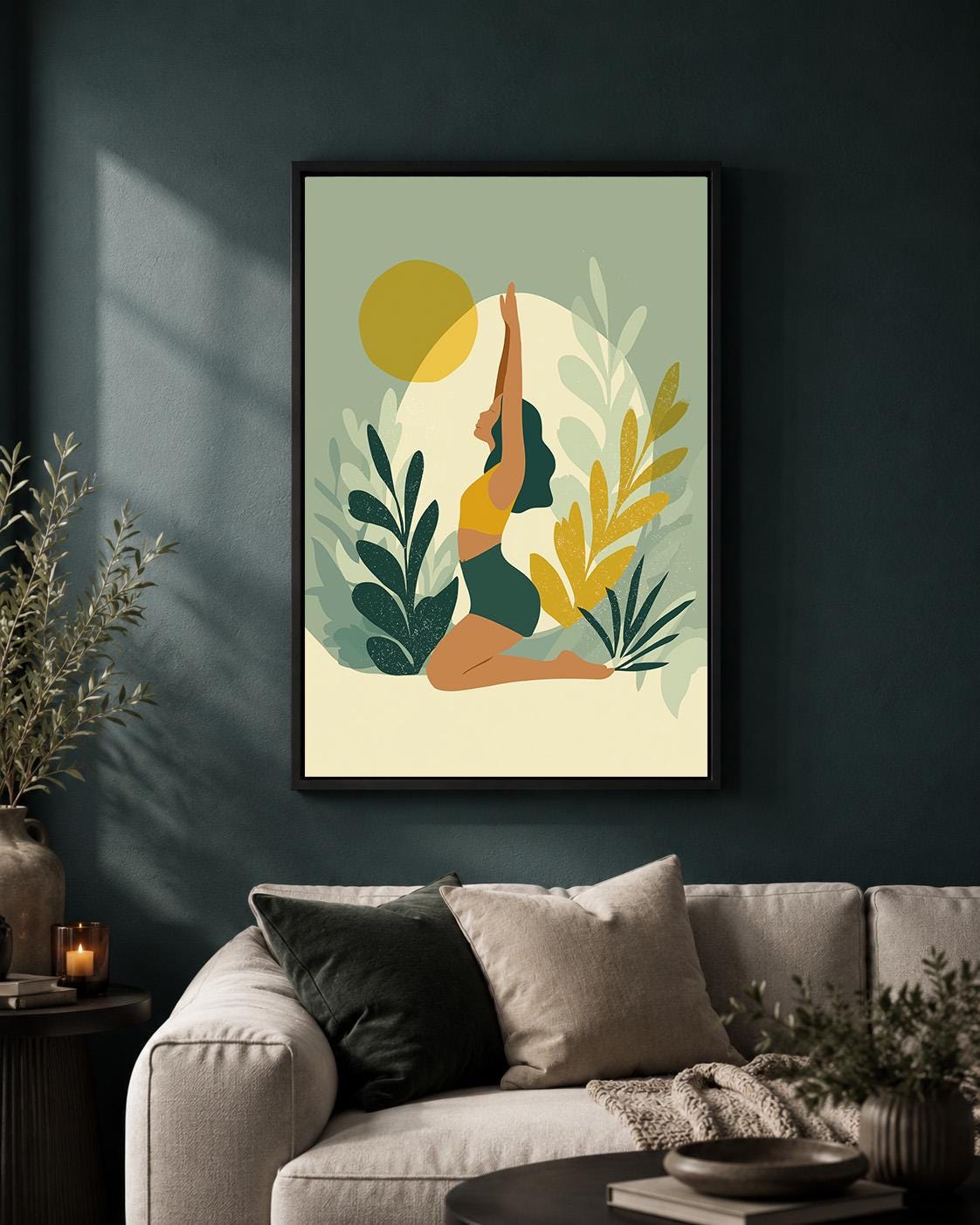Botanical Yoga Woman Green & Mustard Meditation Framed Canvas
