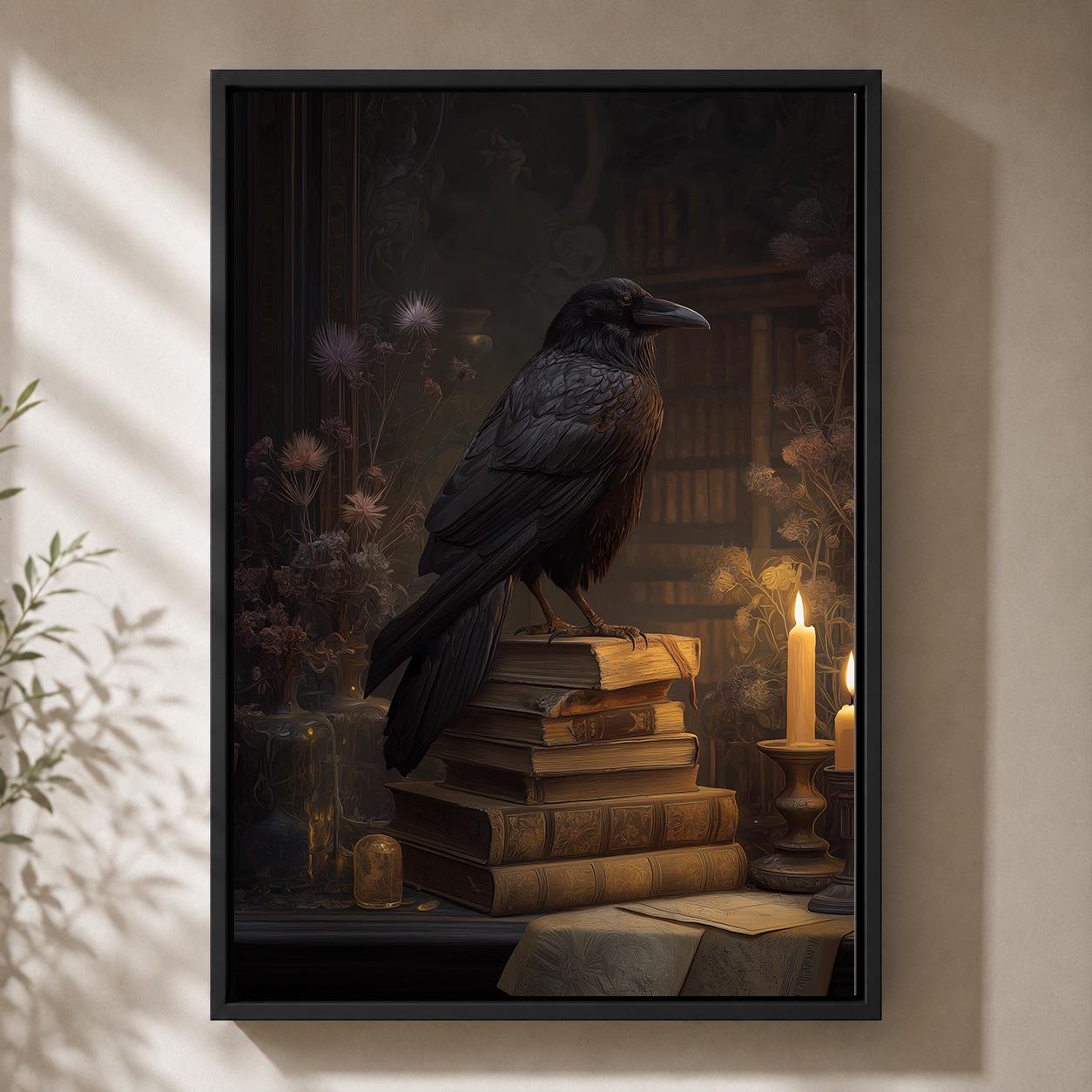 Raven Dark Academia Gothic Crow Library Framed Canvas by The Wall Art Studio - physical
