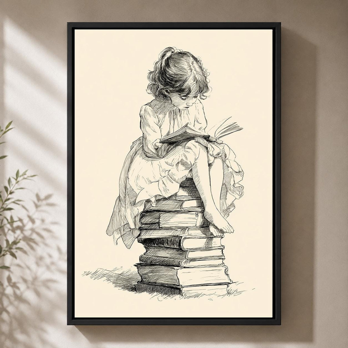 Vintage Reading Girl Literary Illustration Framed Canvas by The Wall Art Studio - physical