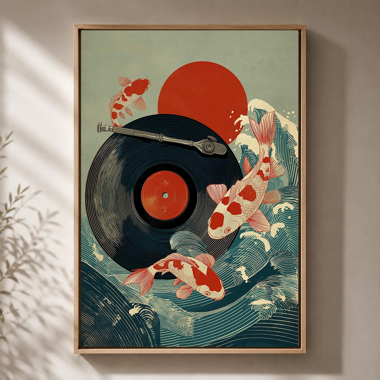 Koi Fish Japanese Music Vinyl Record Wave Framed Canvas by The Wall Art Studio - physical