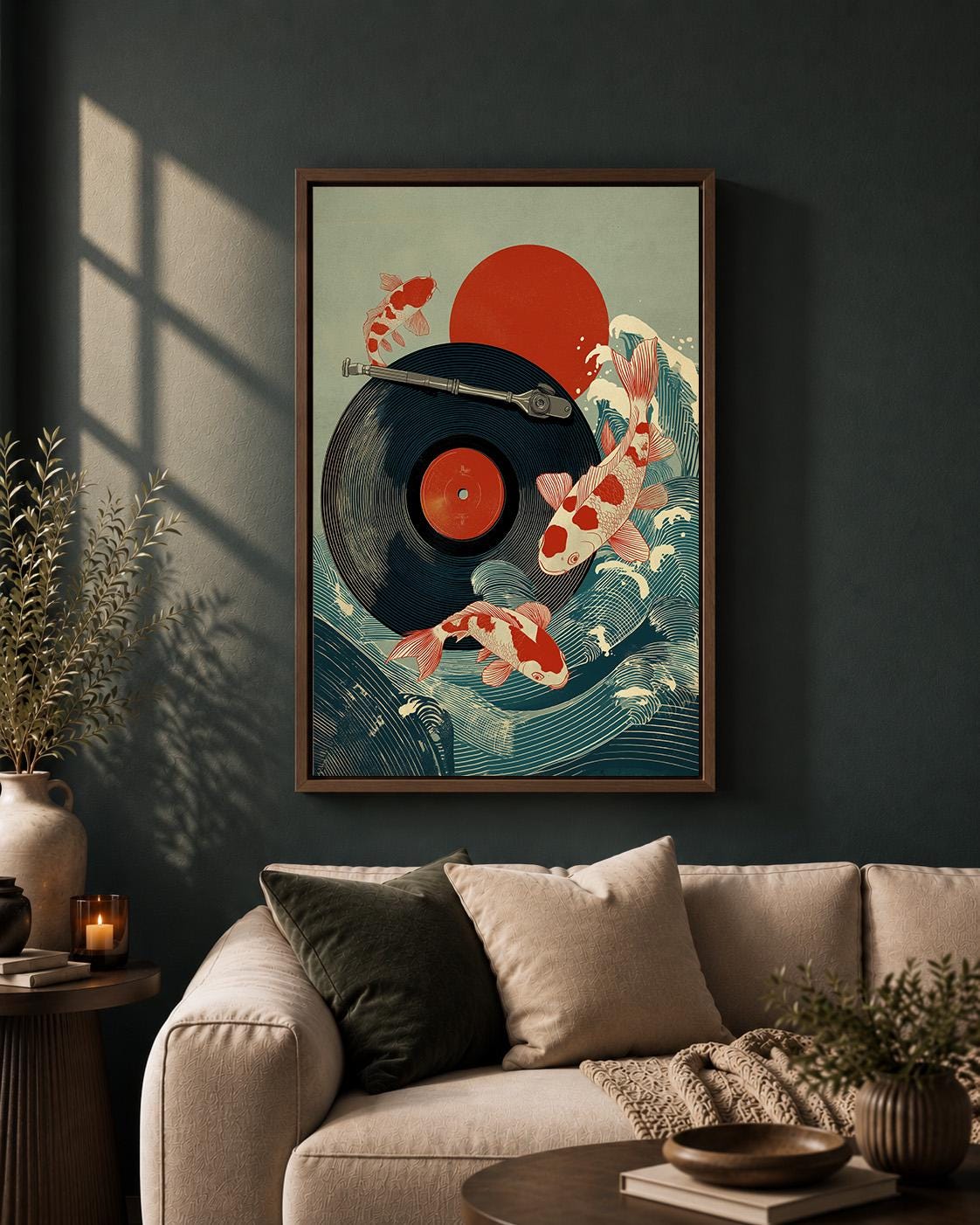 Koi Fish Japanese Music Vinyl Record Wave Framed Canvas by The Wall Art Studio - physical