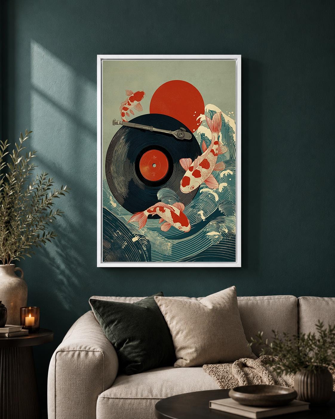 Koi Fish Japanese Music Vinyl Record Wave Framed Canvas by The Wall Art Studio - physical