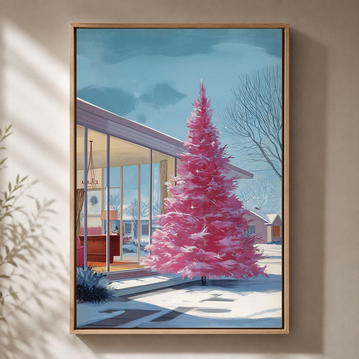 Pink Christmas Tree Retro Mid Century Modern Holiday Framed Canvas by The Wall Art Studio - physical