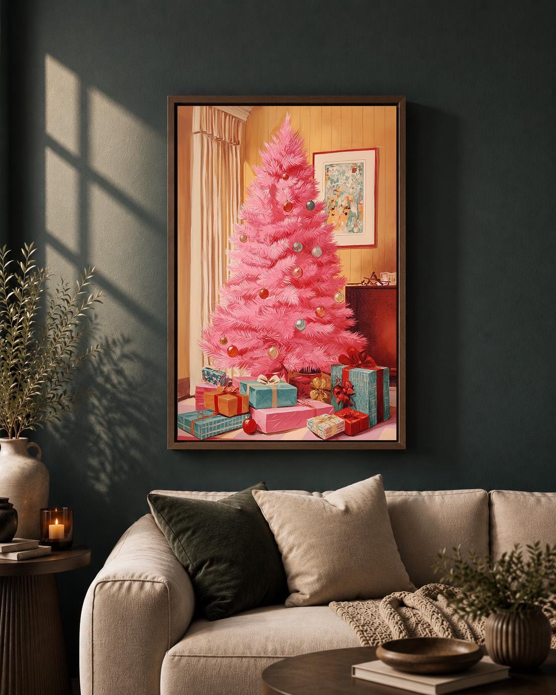 Pink Christmas Tree Mid-Century Festive Framed Canvas by The Wall Art Studio - physical