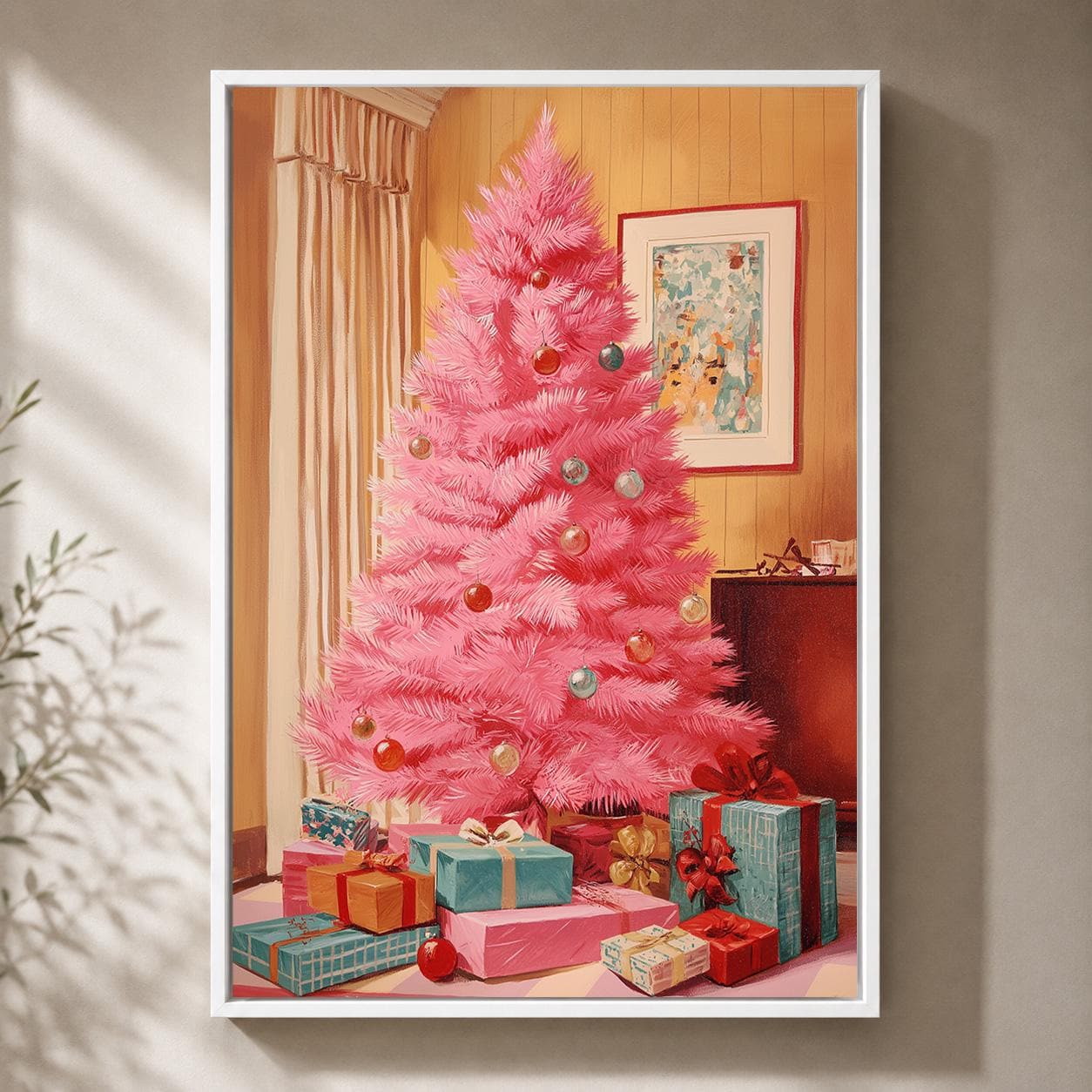 Pink Christmas Tree Mid-Century Festive Framed Canvas by The Wall Art Studio - physical