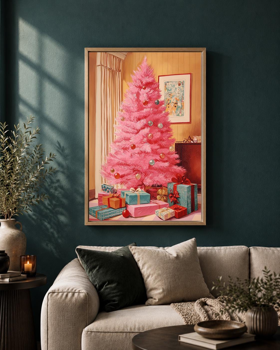 Pink Christmas Tree Mid-Century Festive Framed Canvas by The Wall Art Studio - physical