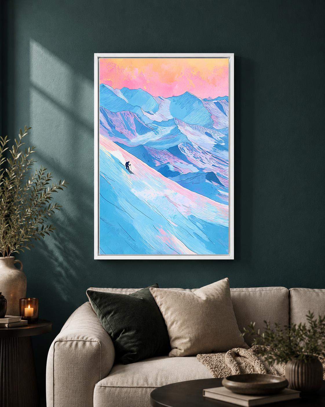 Skiing Colourful Mountain Alpine Ski Winter Sports Framed Canvas by The Wall Art Studio - physical
