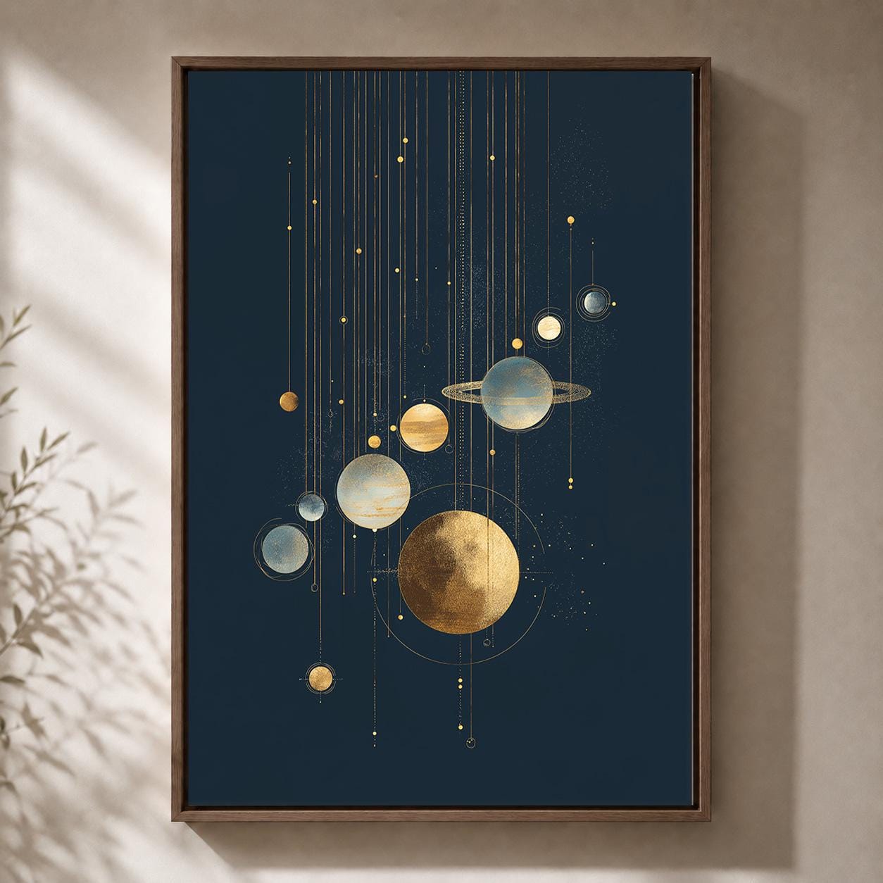 Celestial Gold Planet Modern Cosmic Space Framed Canvas by The Wall Art Studio - physical