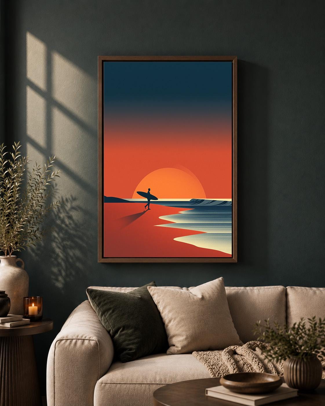 Surfing Sunset Beach Retro Surfer Coastal Ocean Framed Canvas by The Wall Art Studio - physical