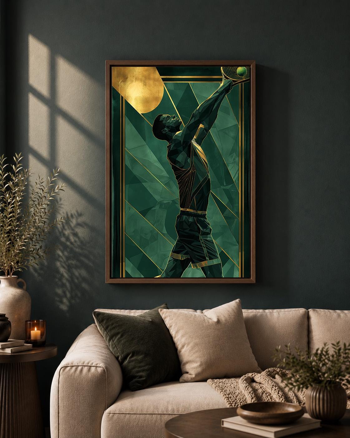 Art Deco Tennis Player Green & Gold Modern Racquet Framed Canvas by The Wall Art Studio - physical