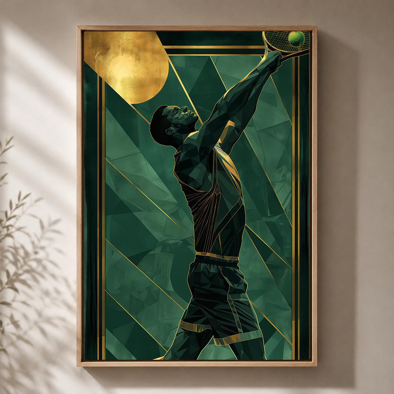 Art Deco Tennis Player Green & Gold Modern Racquet Framed Canvas by The Wall Art Studio - physical