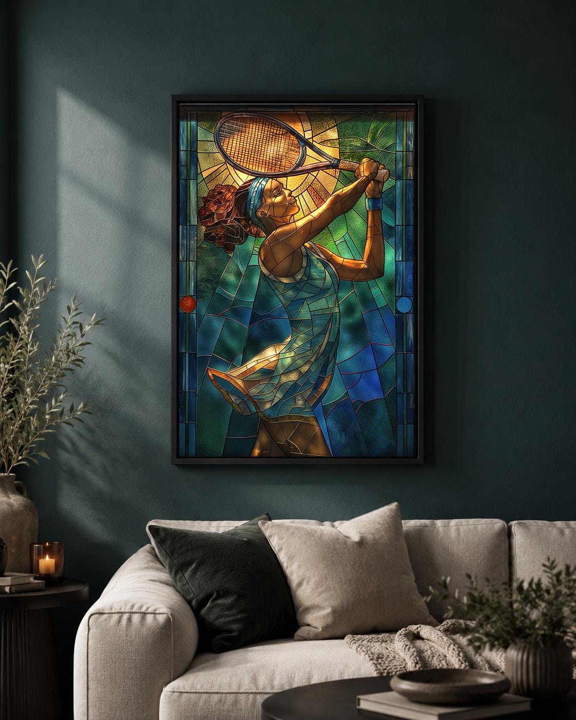 Stained Glass Tennis Player Colorful Sports Framed Canvas by The Wall Art Studio - physical