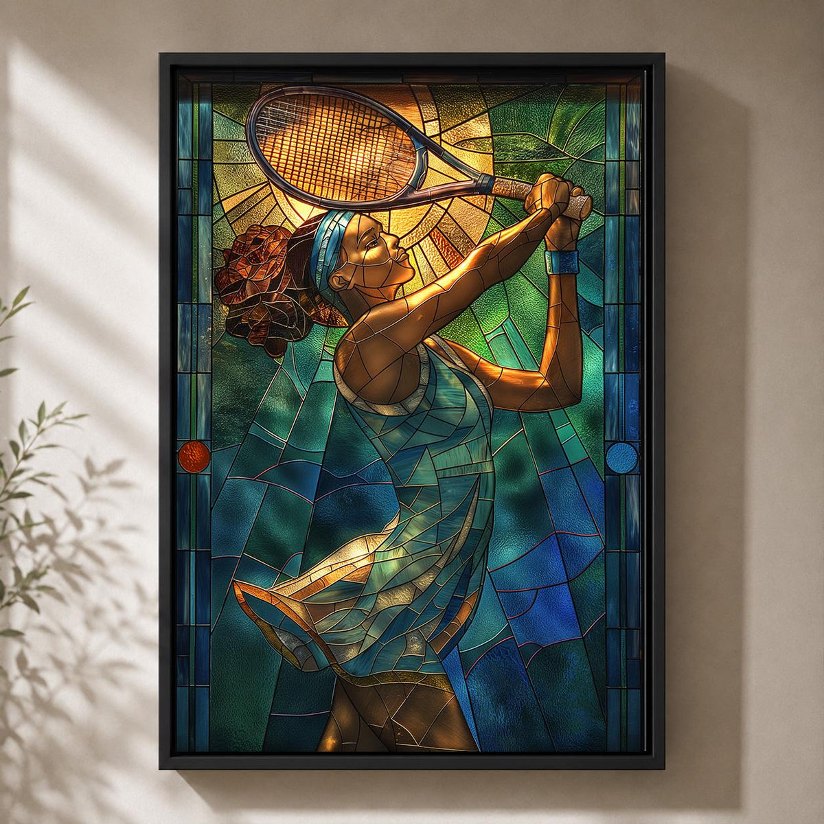 Stained Glass Tennis Player Colorful Sports Framed Canvas by The Wall Art Studio - physical