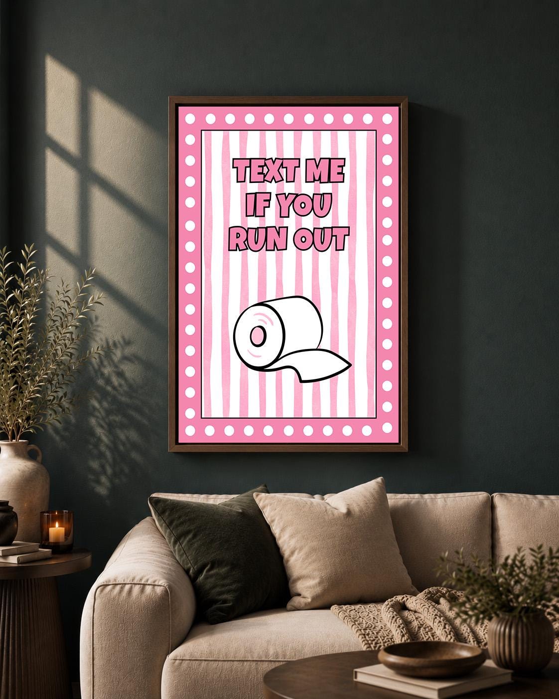 Pink Text Me If You Run Out Funny Bathroom Toilet Roll Framed Canvas by The Wall Art Studio - physical
