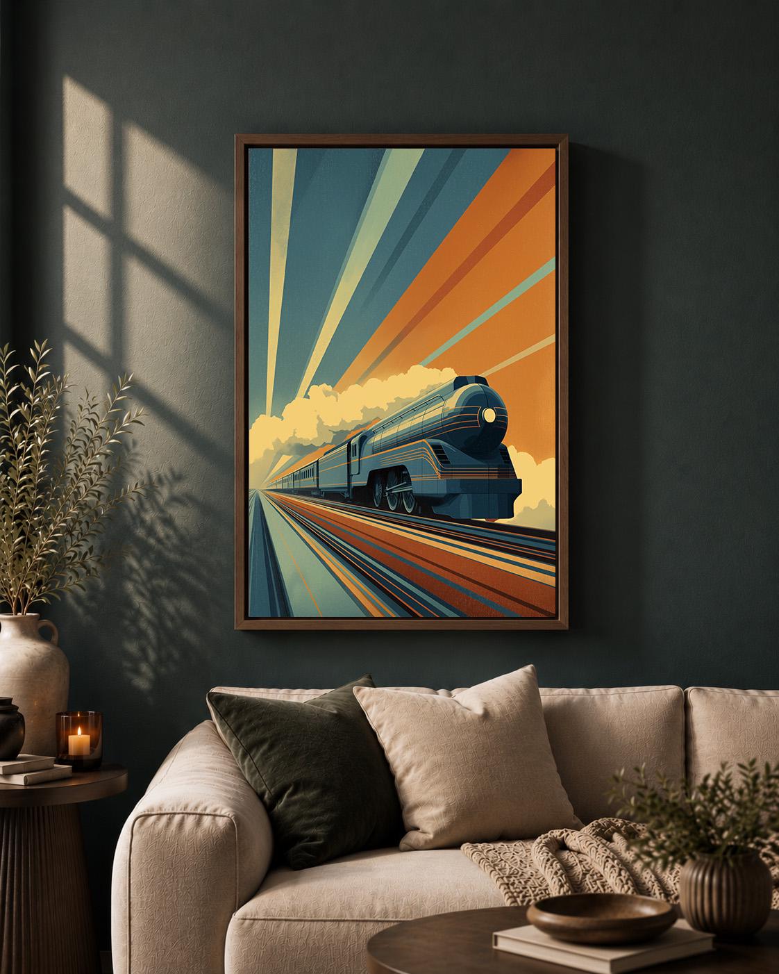 Art Deco Train Vintage Locomotive Retro Railway Framed Canvas by The Wall Art Studio - physical
