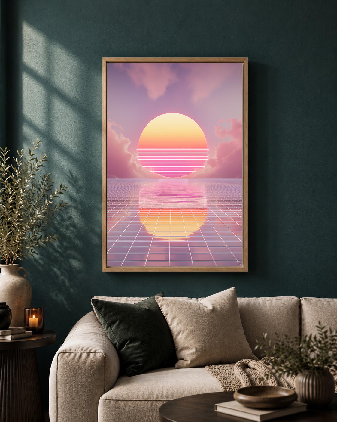 Vaporwave Sunset Retro Futuristic Pink Synthwave 80s Inspired Framed Canvas by The Wall Art Studio - physical