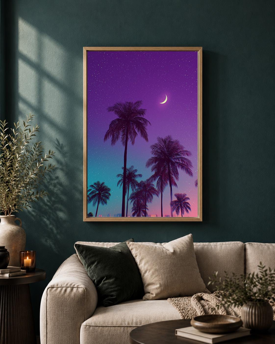 Vaporwave Palm Tree Neon Tropical Sunset Retro Synthwave Framed Canvas by The Wall Art Studio - physical