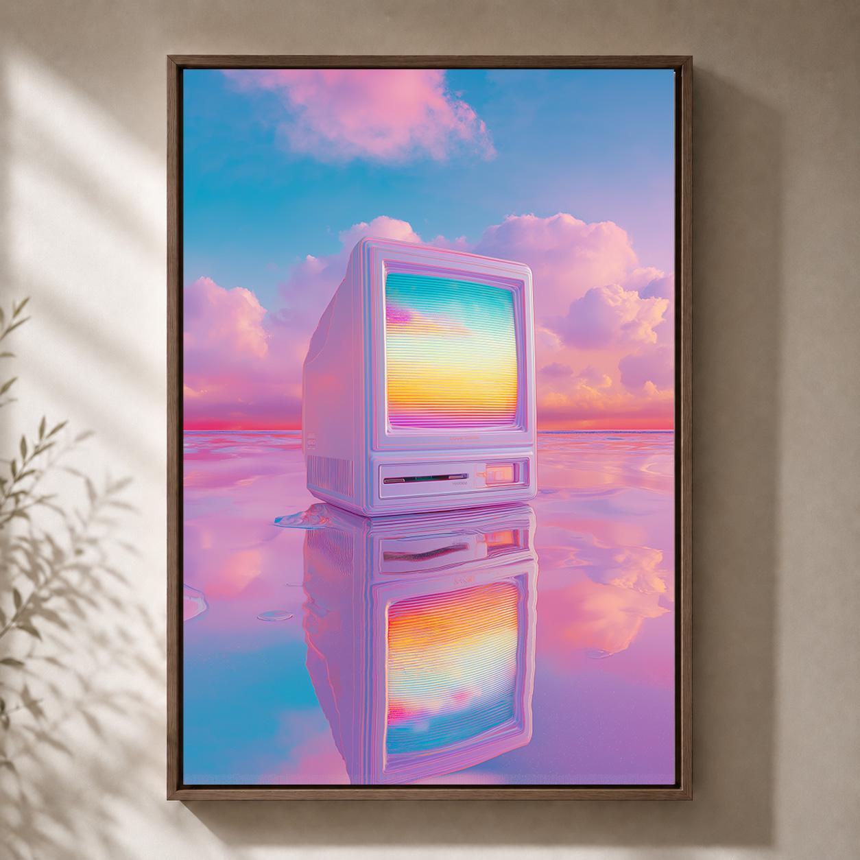 Vaporwave Retro Computer Neon Pink & Blue 80s Technology Lo Fi Framed Canvas by The Wall Art Studio - physical