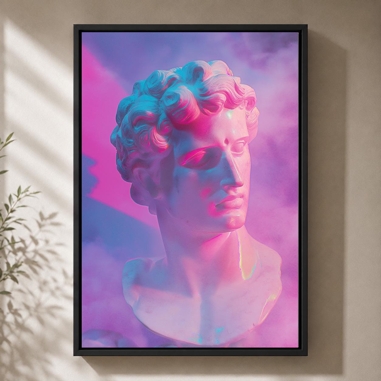 Vaporwave Greek Bust Pink & Blue Neon Sculpture Retro Synthwave Framed Canvas by The Wall Art Studio - physical
