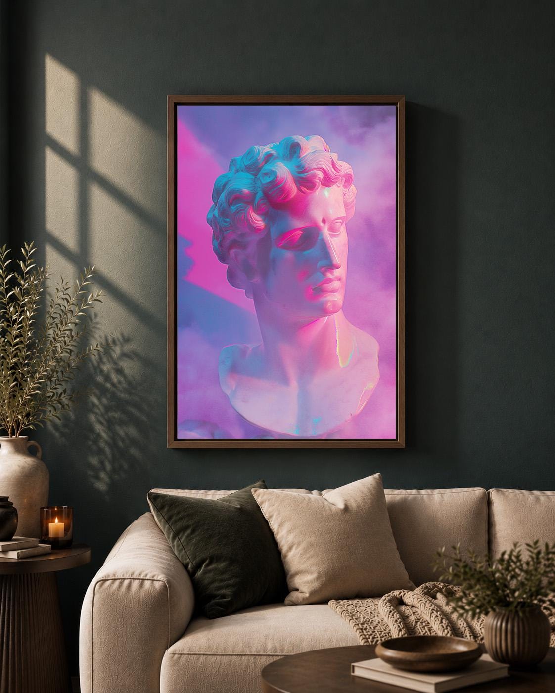 Vaporwave Greek Bust Pink & Blue Neon Sculpture Retro Synthwave Framed Canvas by The Wall Art Studio - physical