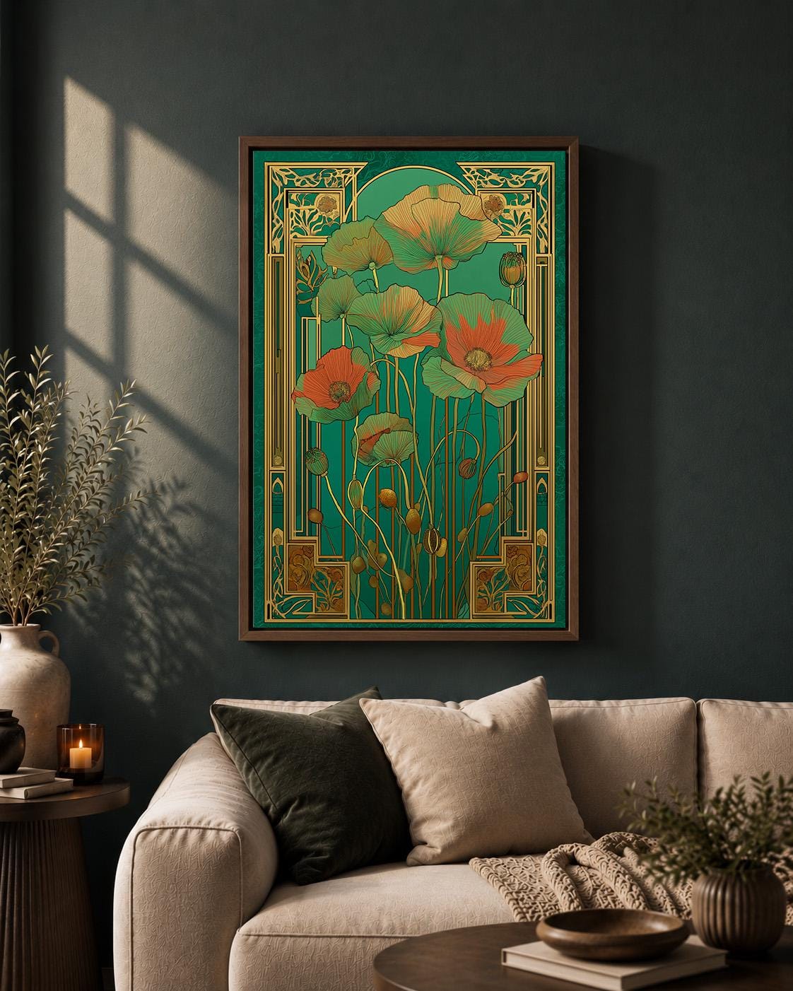 Art Nouveau Poppy Green & Orange Floral Vintage Art Deco Framed Canvas by The Wall Art Studio - physical
