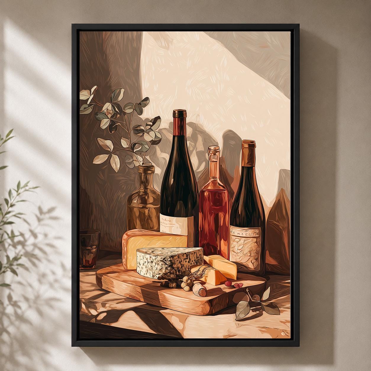 Wine and Cheese Rustic Kitchen Wine Bottle Still Life Charcuterie Framed Canvas by The Wall Art Studio - physical