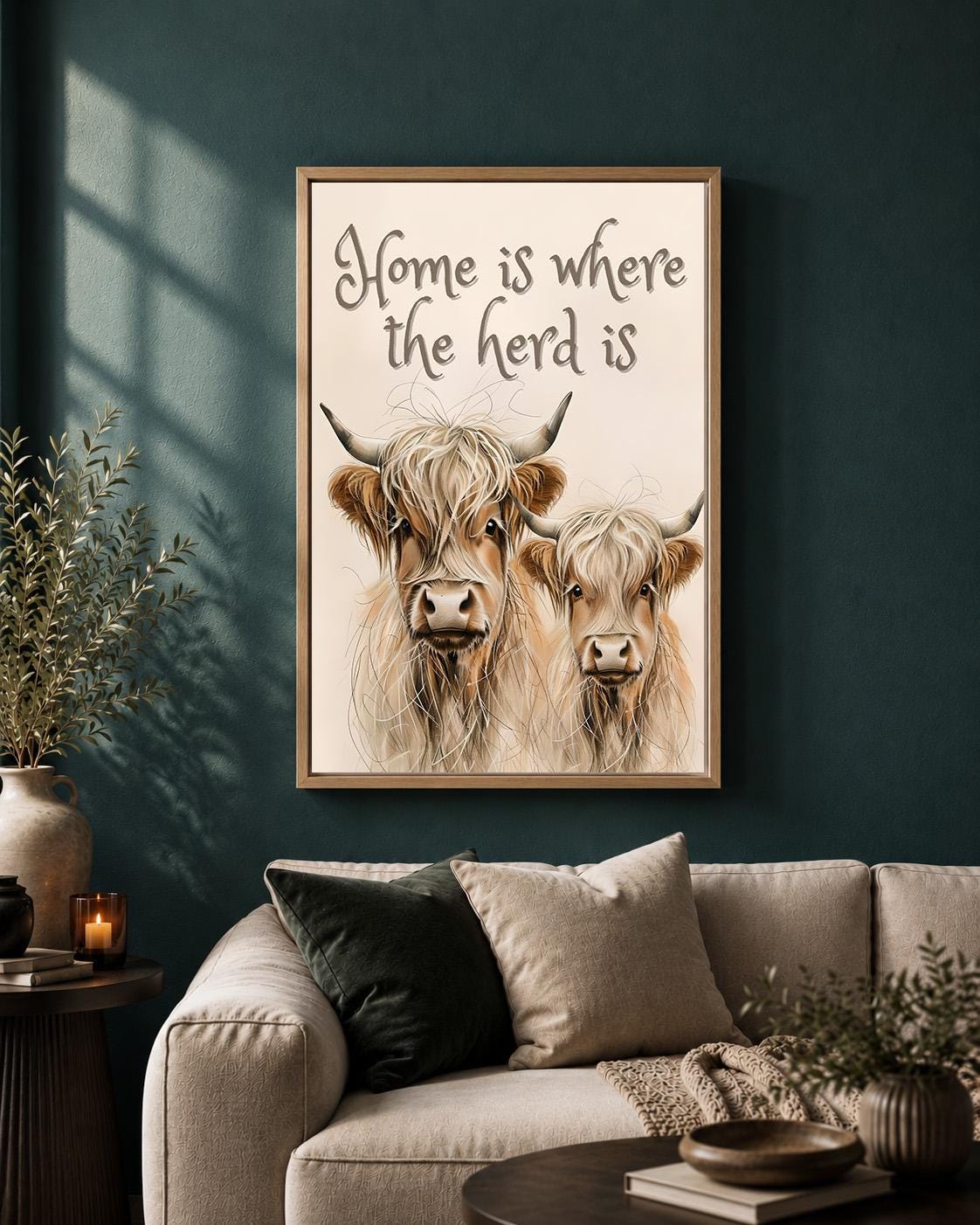 Highland Cow "Home Is Where the Herd Is" Scottish Highland Cattle Wall Art by The Wall Art Studio - physical