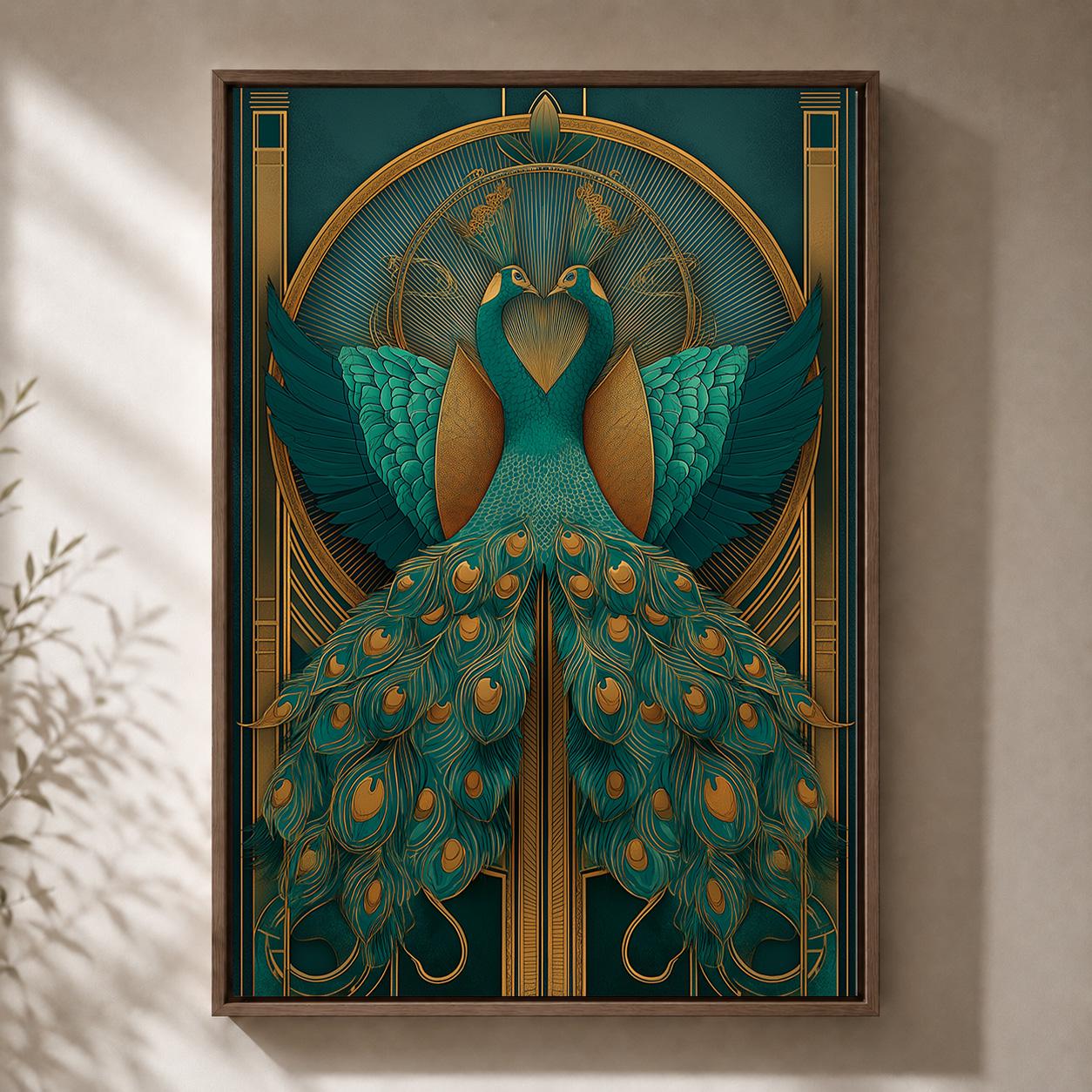 Art Deco Peacock Emerald Green & Gold Gatsby Inspired Framed Canvas by The Wall Art Studio - physical