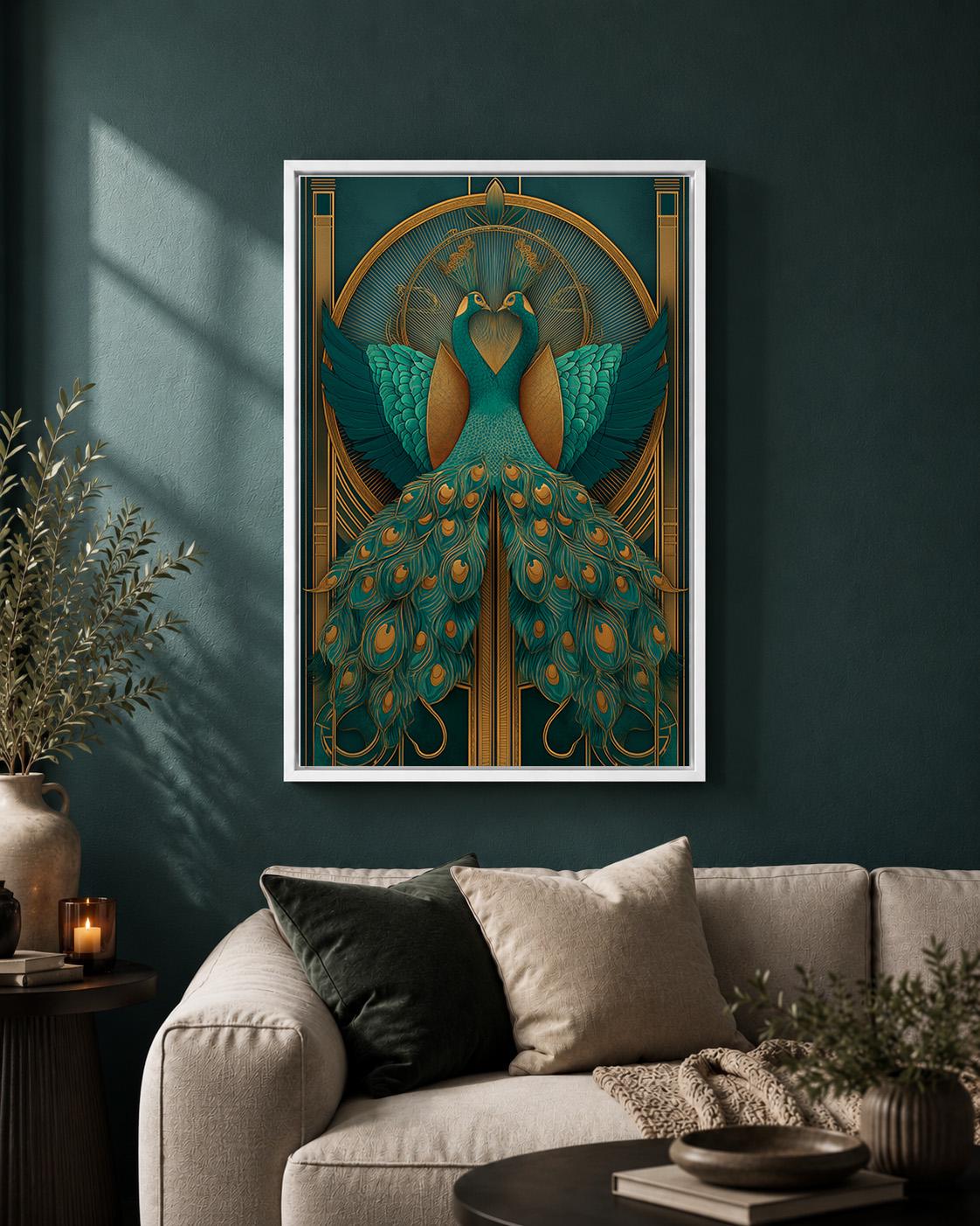 Art Deco Peacock Emerald Green & Gold Gatsby Inspired Framed Canvas by The Wall Art Studio - physical